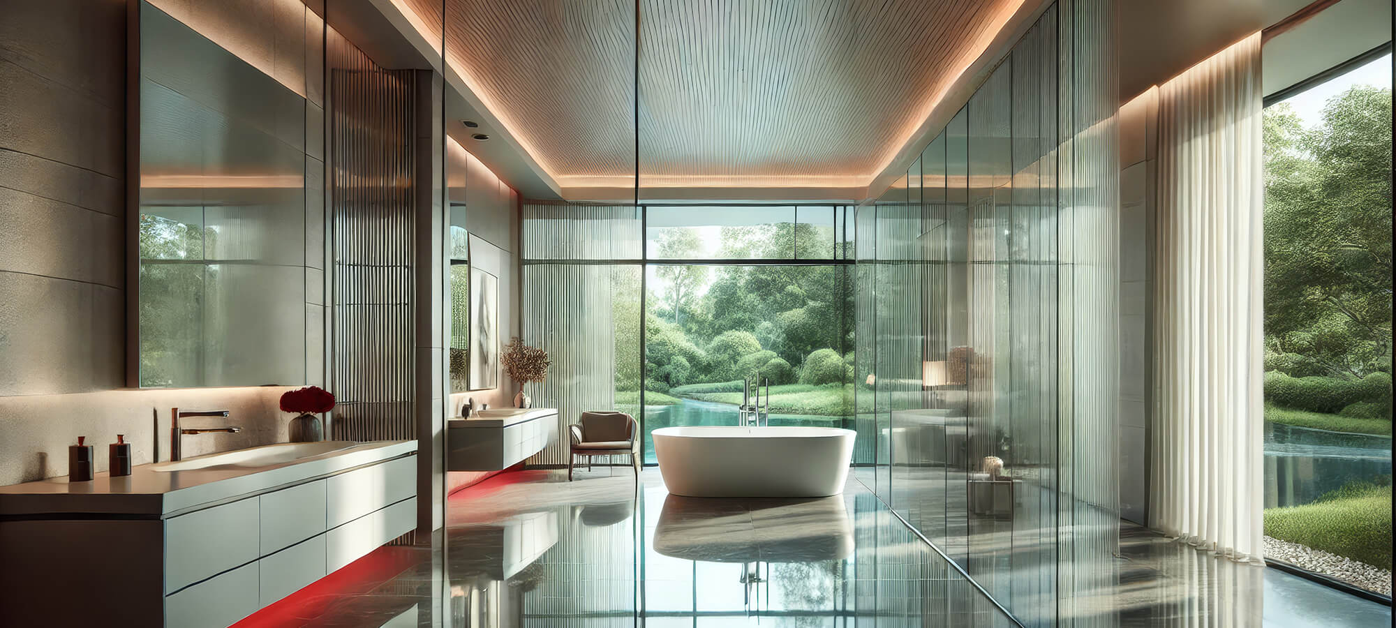 Ansicht eines Modernen Badezimmer mit viel Glas, in der Mitte vom Raum steht eine Badewanne, links der Badeschrank und Waschbecken, ganz rechts und vorne ein grosses Glasfenster mit Blick in den Garten sowie See